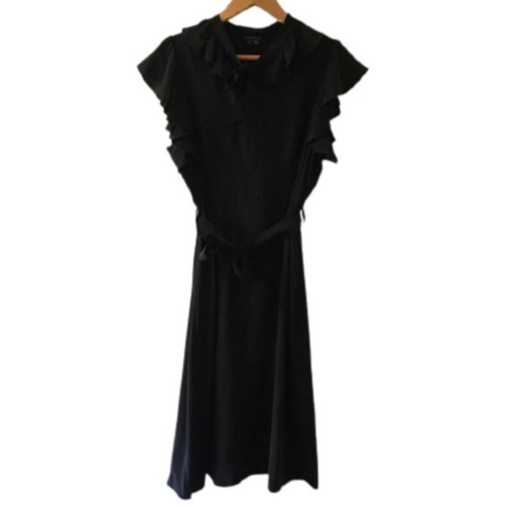 THEORY 100% Silk Ruffle Pussy Bow Tie-Waist Dress